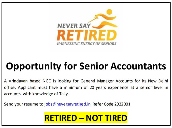Opportunity for Senior Accountants in a Vrindavan based NGO.